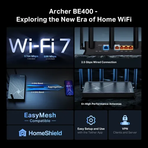 TP-Link Archer BE400 BE6500 Dual-Band Gigabit Wi-Fi 7 Router — image 4 of 6