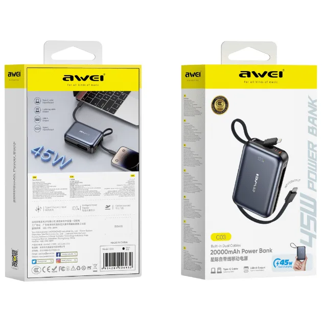 AWEI C03 20000mAh 45W Fast Charging Power Bank with Built-in Cables — image 2 of 4