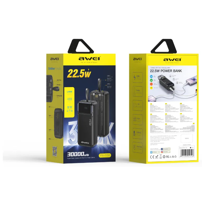 AWEI PA-104 22.5W Built-in Cable 30000mAh Power Bank — image 3 of 3