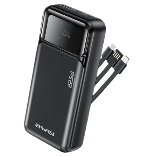Awei PA‑93 20000mAh 22.5W Fast Charging Power Bank with Built‑in Dual Cables