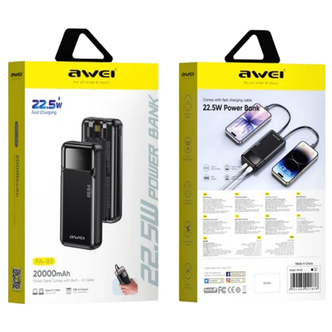Awei PA‑93 20000mAh 22.5W Fast Charging Power Bank with Built‑in Dual Cables — image 2 of 2