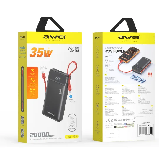 AWEI S22-35W 20000mAh Power Bank with Built-in Cable — image 3 of 4