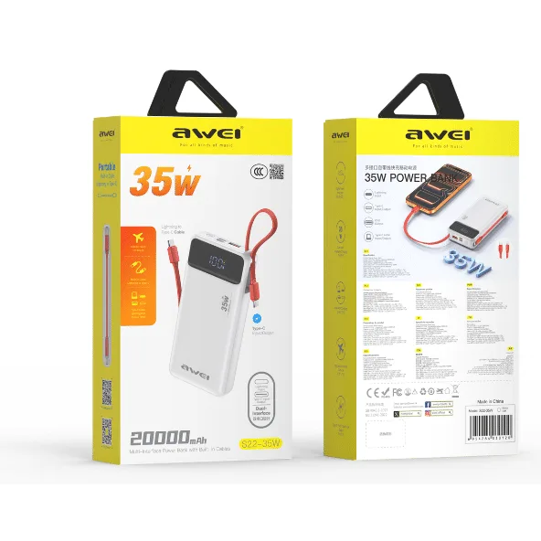 AWEI S22-35W 20000mAh Power Bank with Built-in Cable — image 4 of 4
