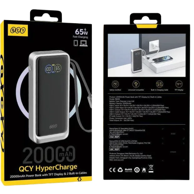 QCY HyperCharge PB20E 20000mAh 65W Power Bank with TFT Display & Built-in Cables