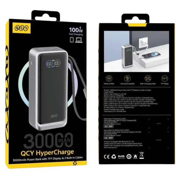 QCY HyperCharge PB30C 30000mAh 100W Power Bank with TFT Display & Built-in Cables